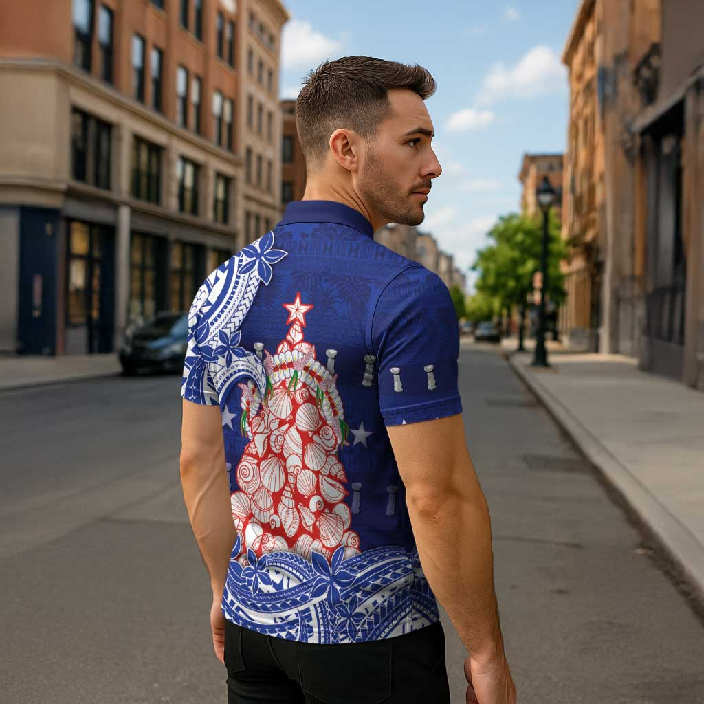 Northern Mariana Islands Christmas Zipper Polo Shirt Seashell Xmas Tree Tribal Waves - Polynesian Pride