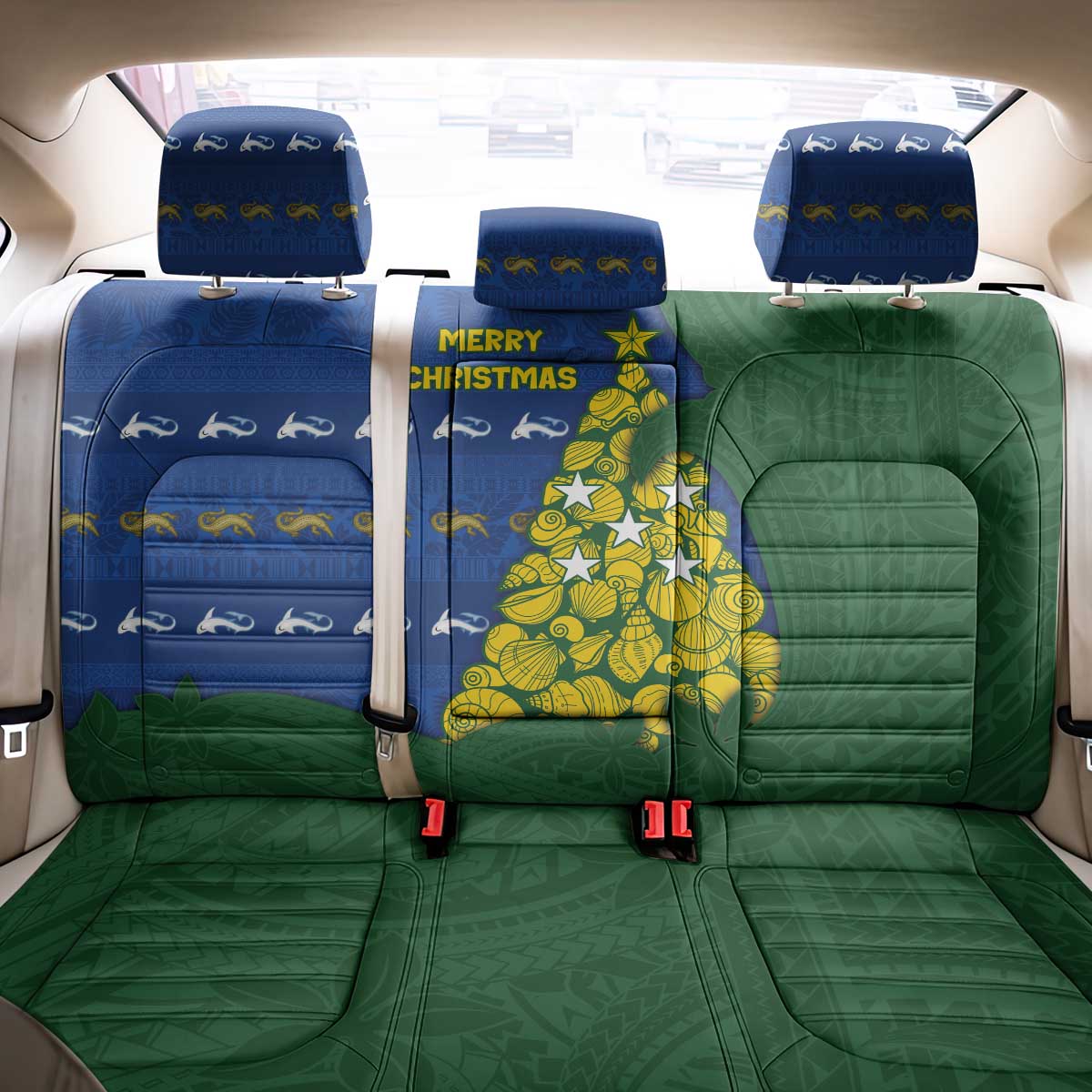 Solomon Islands Christmas Back Car Seat Cover Seashell Xmas Tree Tribal Waves - Polynesian Pride