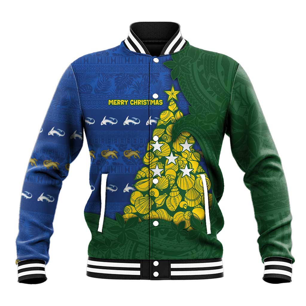 Solomon Islands Christmas Baseball Jacket Seashell Xmas Tree Tribal Waves - Polynesian Pride