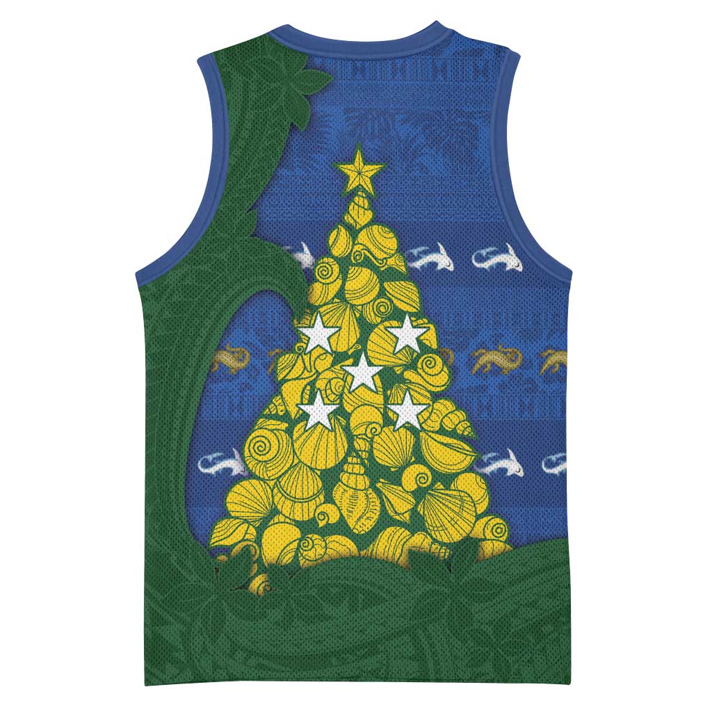 Solomon Islands Christmas Basketball Jersey Seashell Xmas Tree Tribal Waves - Polynesian Pride