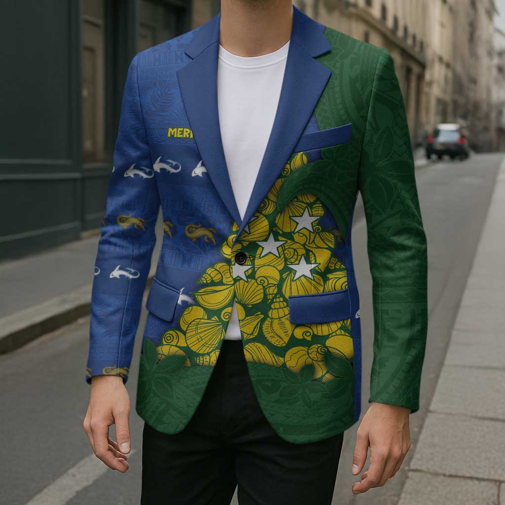 Solomon Islands Christmas Blazer Seashell Xmas Tree Tribal Waves - Polynesian Pride