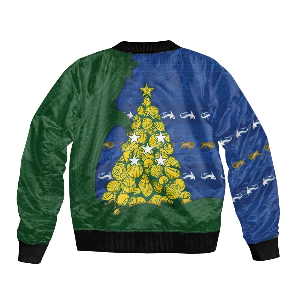 Solomon Islands Christmas Bomber Jacket Seashell Xmas Tree Tribal Waves - Polynesian Pride