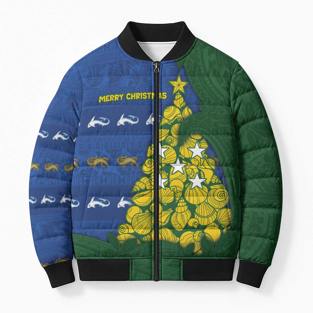 Solomon Islands Christmas Bomber Puffer Jacket Seashell Xmas Tree Tribal Waves - Polynesian Pride