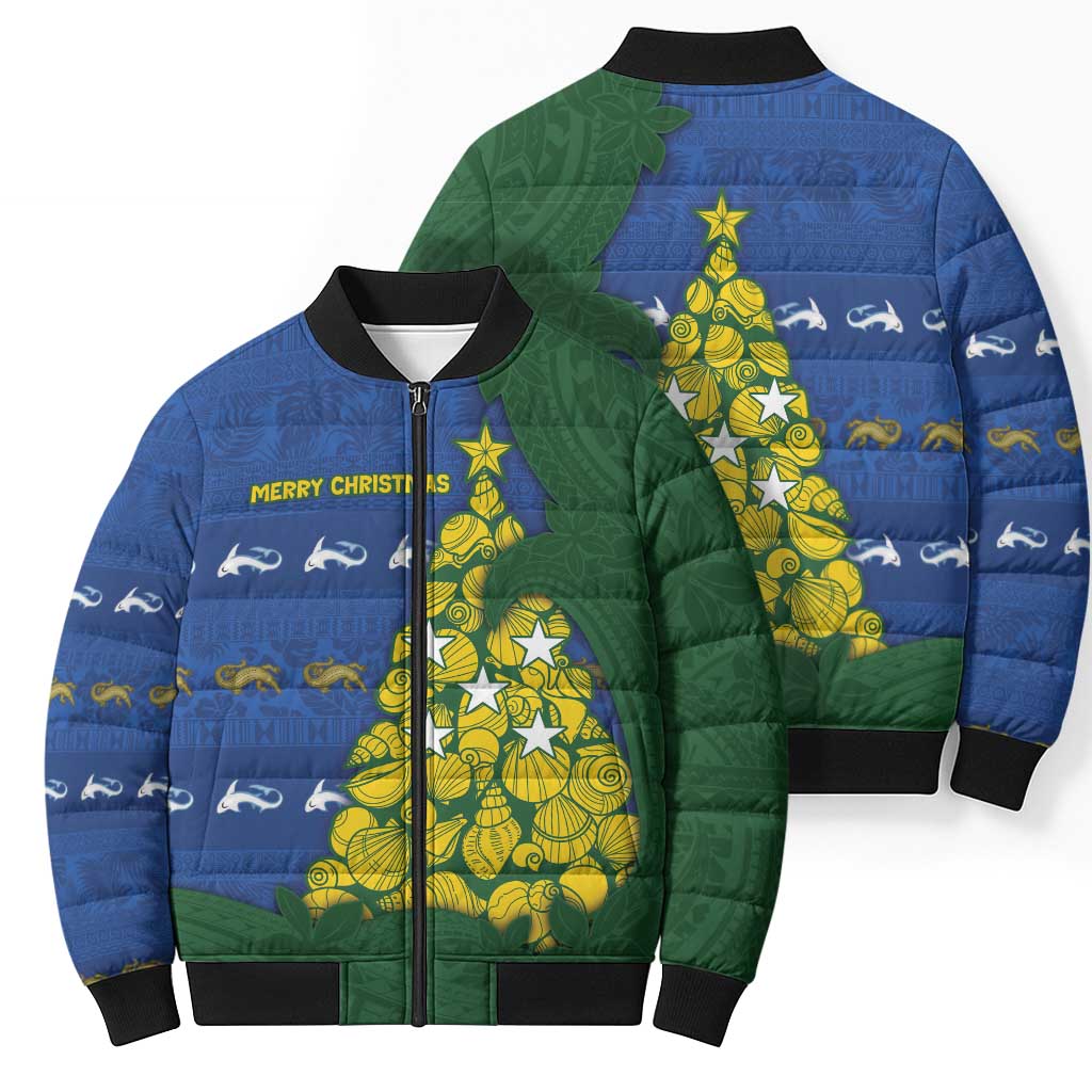 Solomon Islands Christmas Bomber Puffer Jacket Seashell Xmas Tree Tribal Waves - Polynesian Pride
