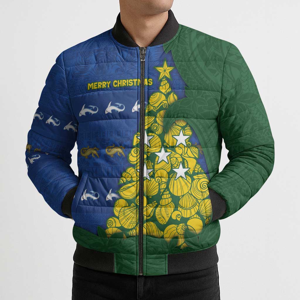 Solomon Islands Christmas Bomber Puffer Jacket Seashell Xmas Tree Tribal Waves - Polynesian Pride
