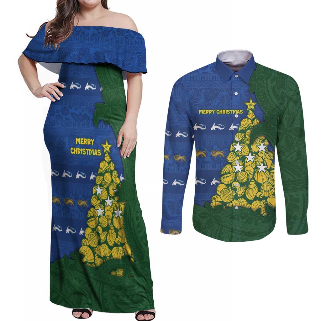 Solomon Islands Christmas Couples Matching Off Shoulder Maxi Dress and Long Sleeve Button Shirt Seashell Xmas Tree Tribal Waves - Polynesian Pride
