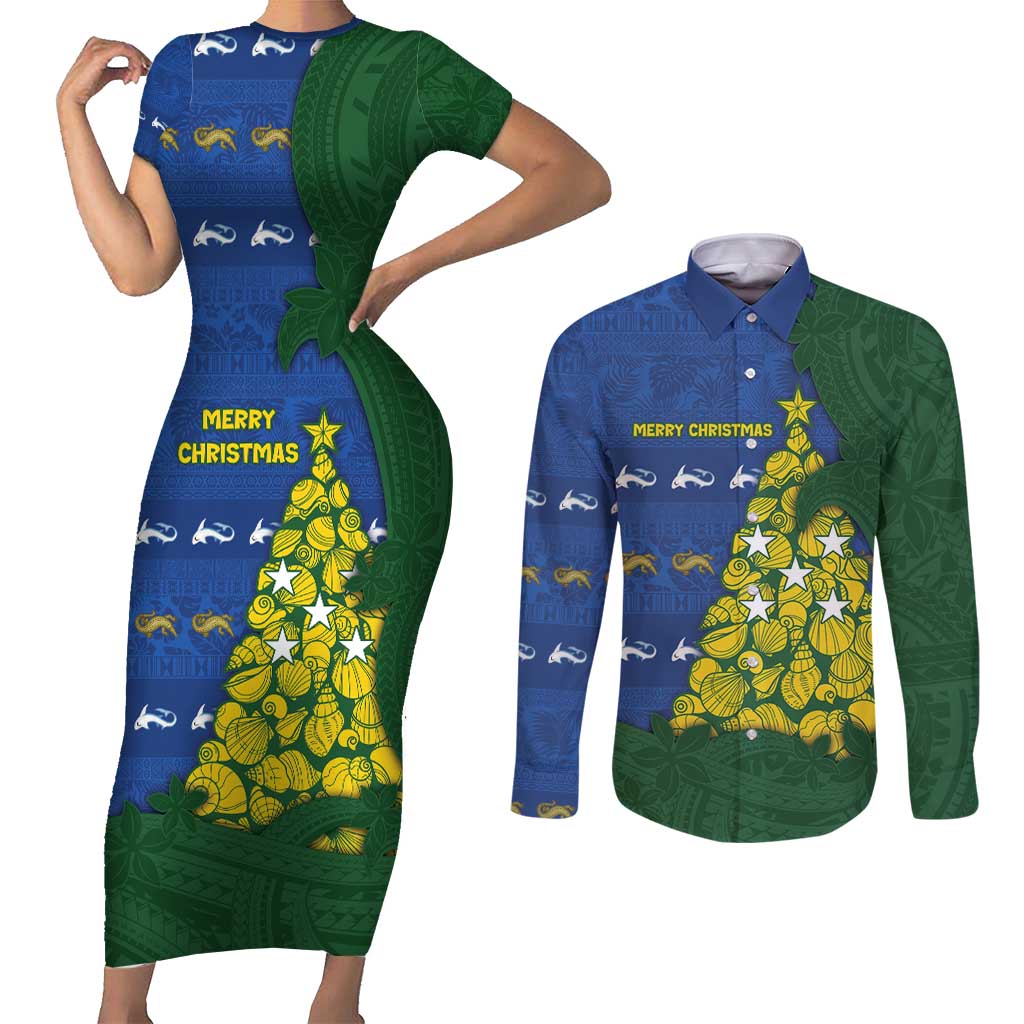 Solomon Islands Christmas Couples Matching Short Sleeve Bodycon Dress and Long Sleeve Button Shirt Seashell Xmas Tree Tribal Waves - Polynesian Pride