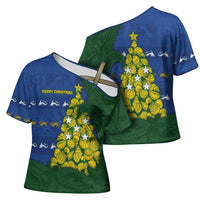 Solomon Islands Christmas Cross Shoulder Shirt Seashell Xmas Tree Tribal Waves - Polynesian Pride