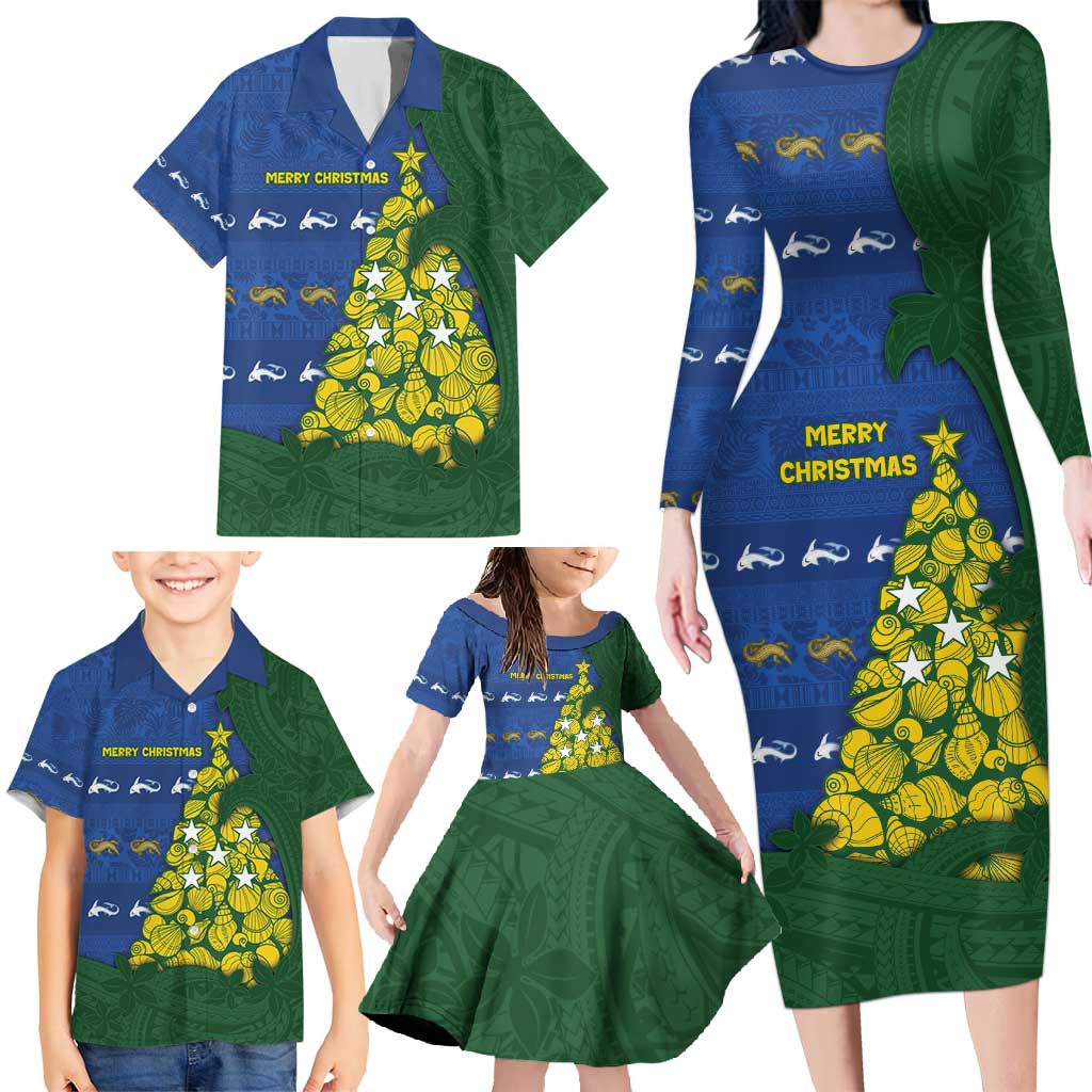 Solomon Islands Christmas Family Matching Long Sleeve Bodycon Dress and Hawaiian Shirt Seashell Xmas Tree Tribal Waves - Polynesian Pride