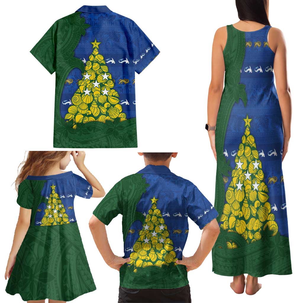 Solomon Islands Christmas Family Matching Tank Maxi Dress and Hawaiian Shirt Seashell Xmas Tree Tribal Waves - Polynesian Pride