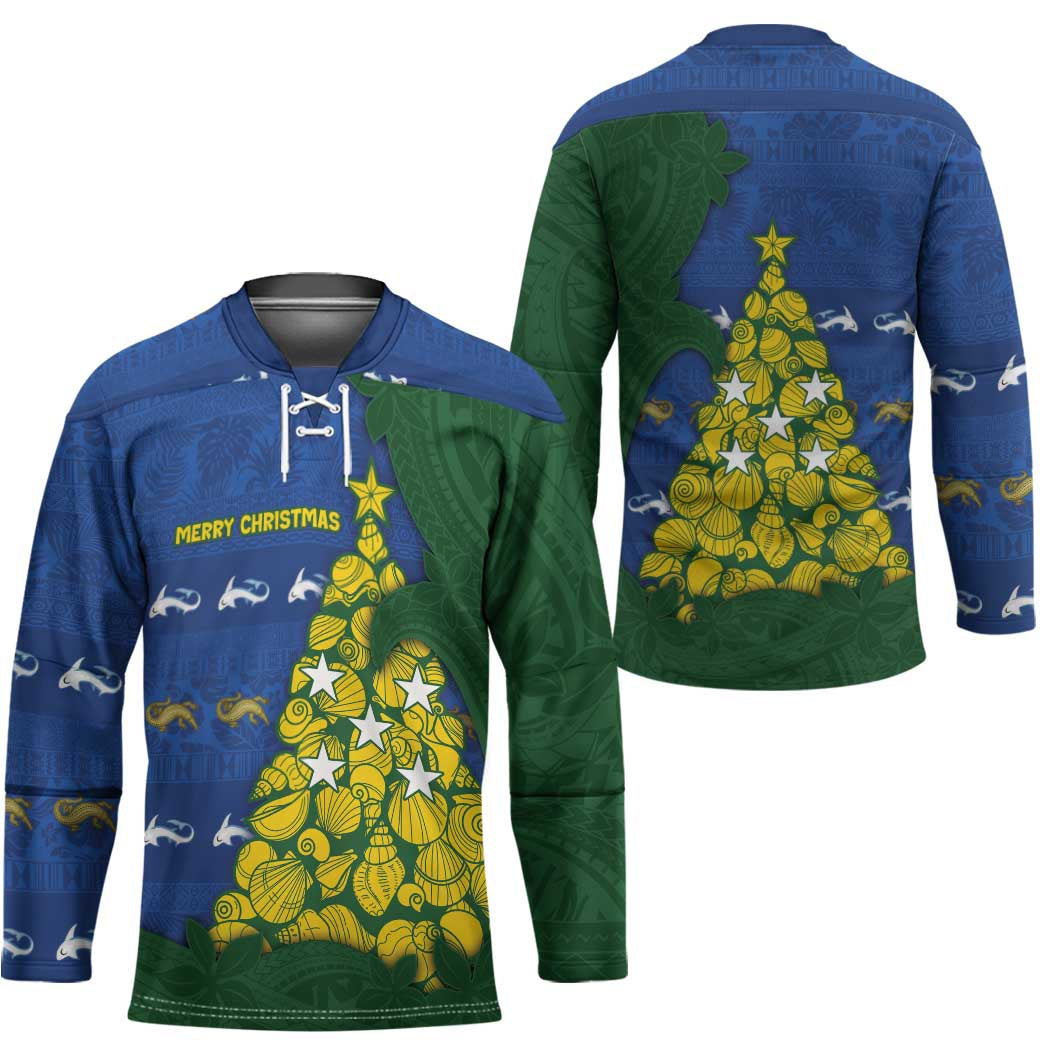 Solomon Islands Christmas Hockey Jersey Seashell Xmas Tree Tribal Waves - Polynesian Pride