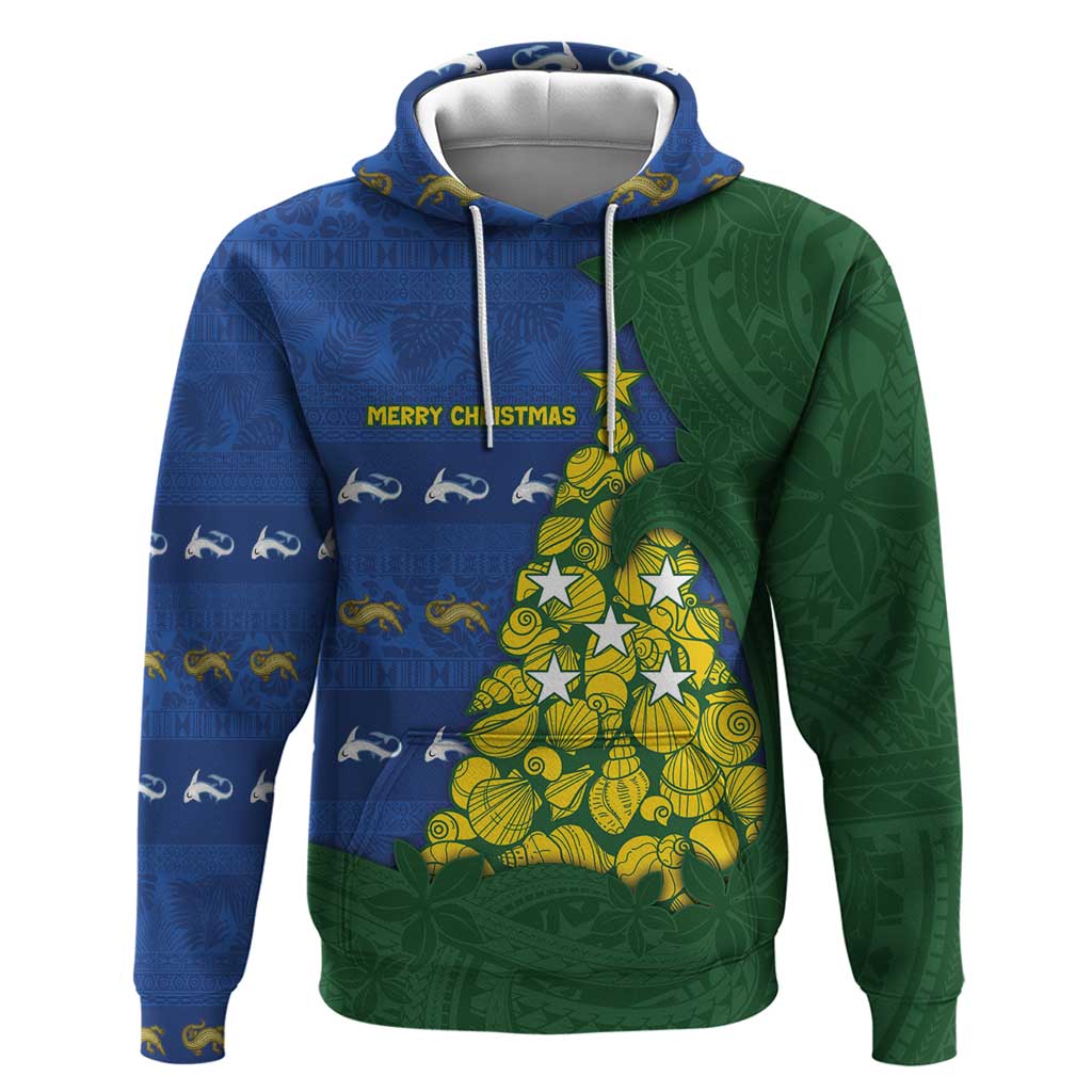 Solomon Islands Christmas Hoodie Seashell Xmas Tree Tribal Waves - Polynesian Pride
