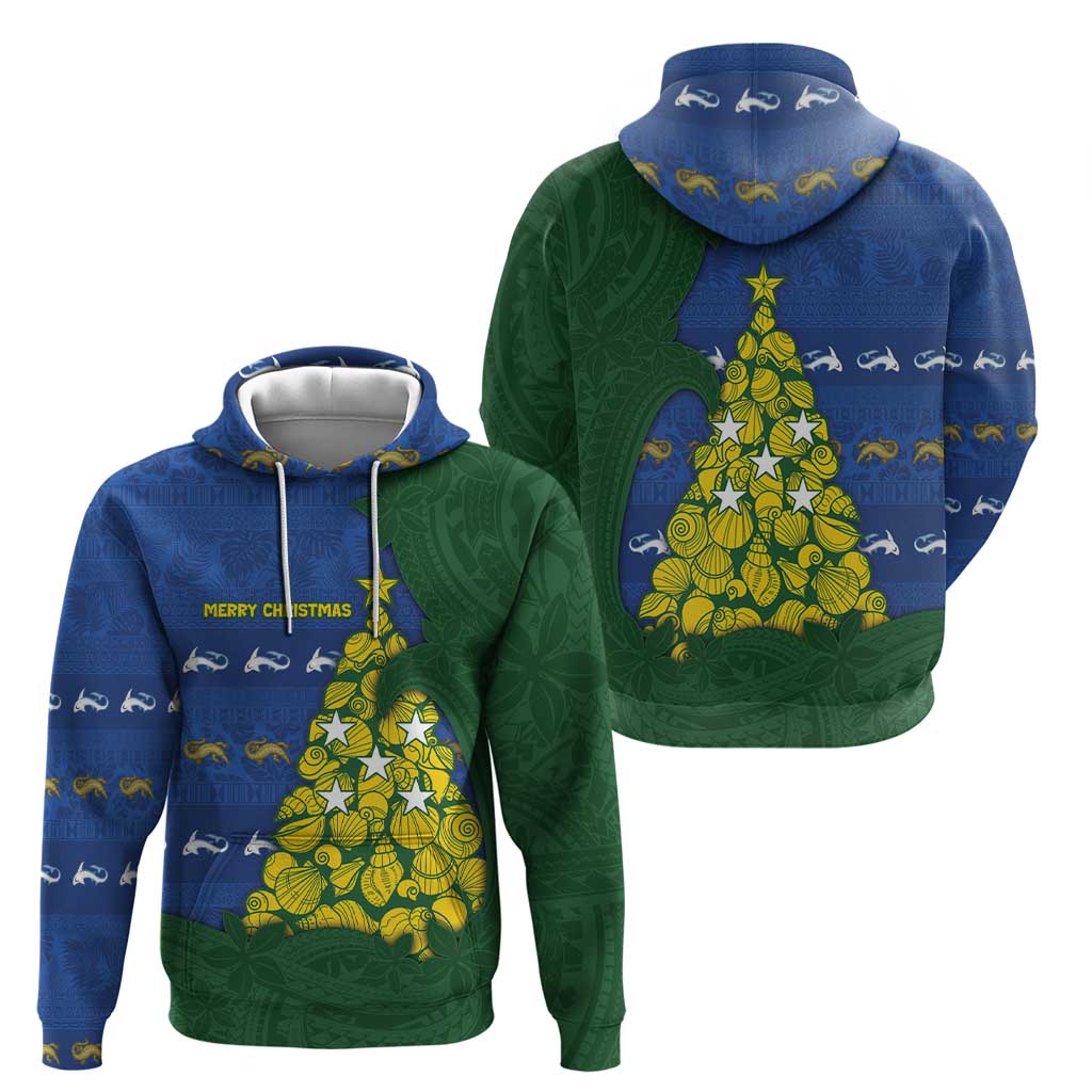 Solomon Islands Christmas Hoodie Seashell Xmas Tree Tribal Waves - Polynesian Pride