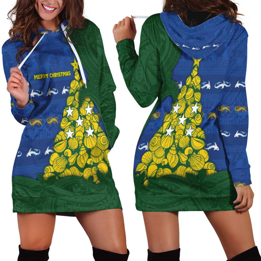 Solomon Islands Christmas Hoodie Dress Seashell Xmas Tree Tribal Waves - Polynesian Pride
