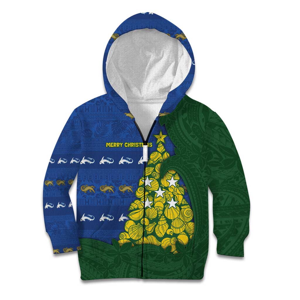 Solomon Islands Christmas Kid Hoodie Seashell Xmas Tree Tribal Waves - Polynesian Pride