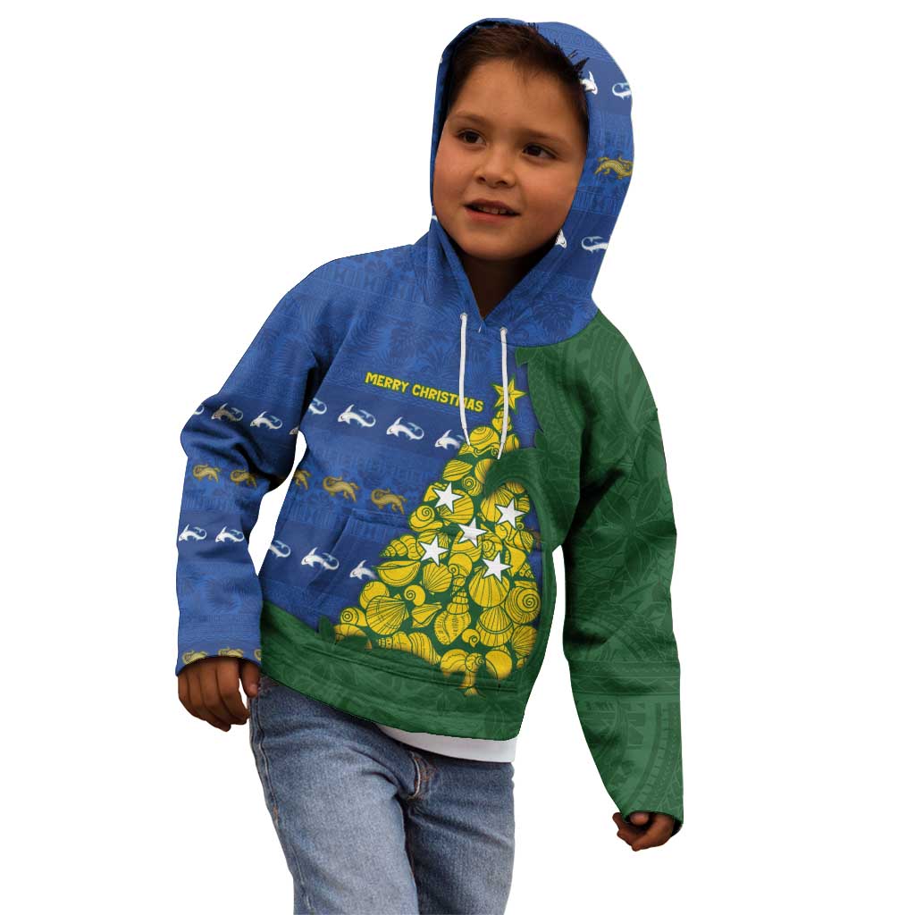 Solomon Islands Christmas Kid Hoodie Seashell Xmas Tree Tribal Waves - Polynesian Pride