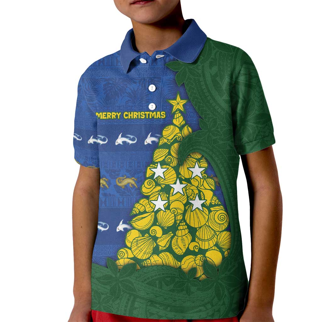 Solomon Islands Christmas Kid Polo Shirt Seashell Xmas Tree Tribal Waves - Polynesian Pride