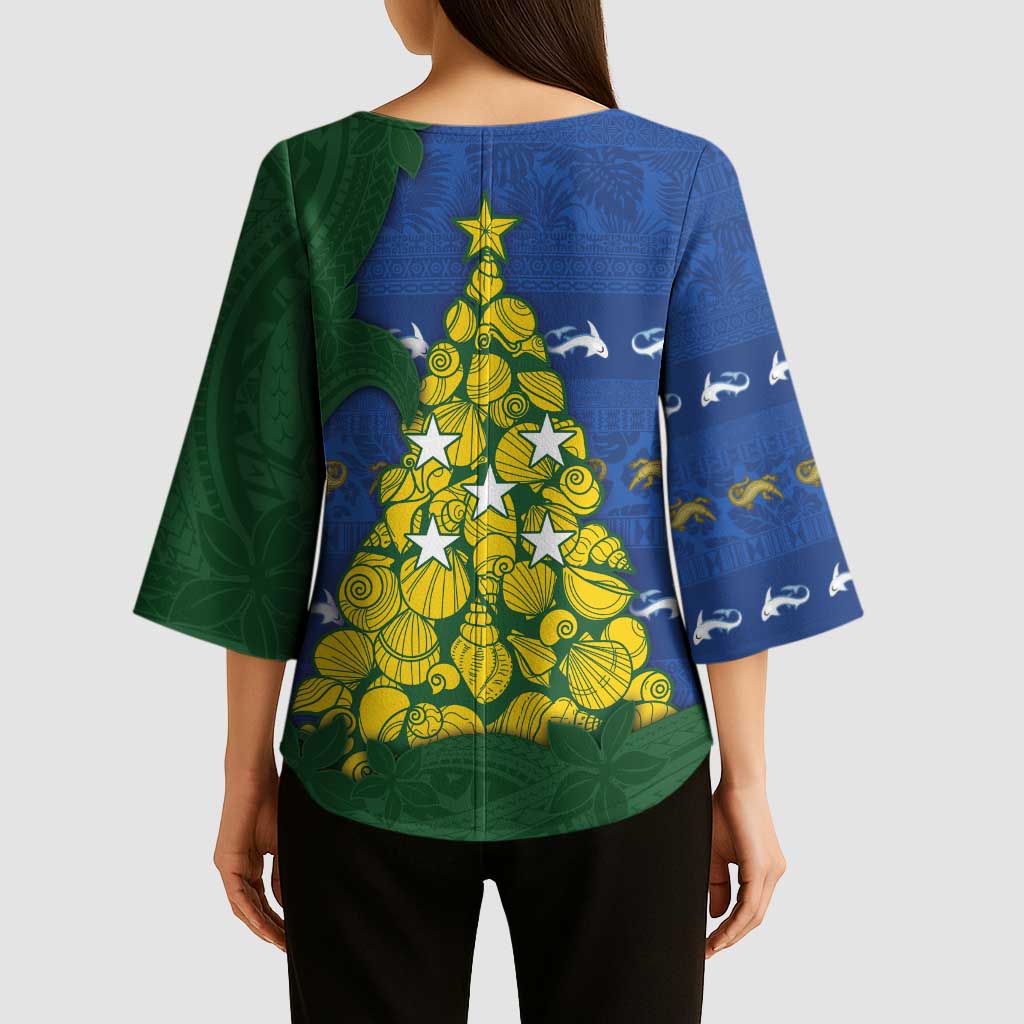 Solomon Islands Christmas Kimono Sleeve Blouse Seashell Xmas Tree Tribal Waves - Polynesian Pride