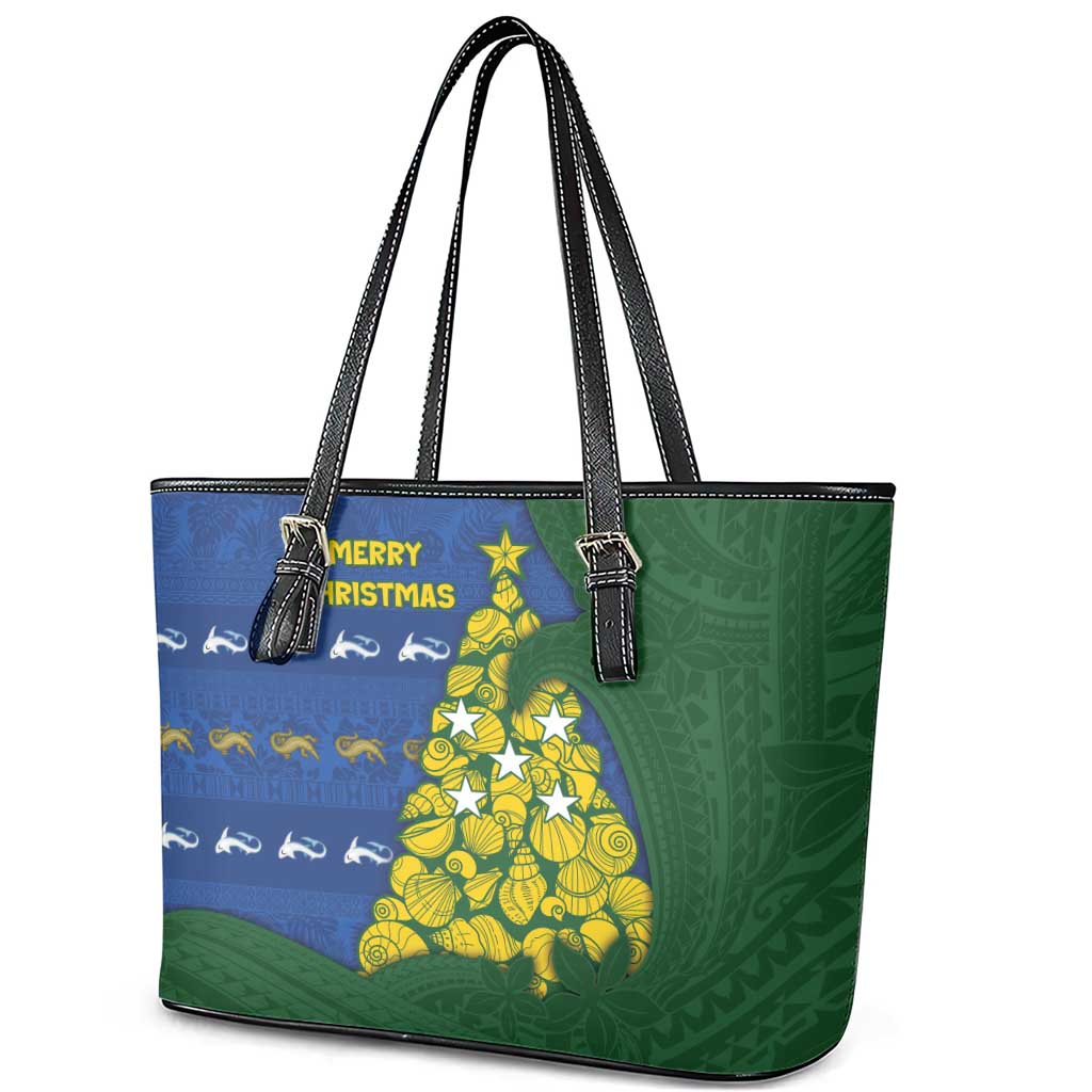 Solomon Islands Christmas Leather Tote Bag Seashell Xmas Tree Tribal Waves - Polynesian Pride