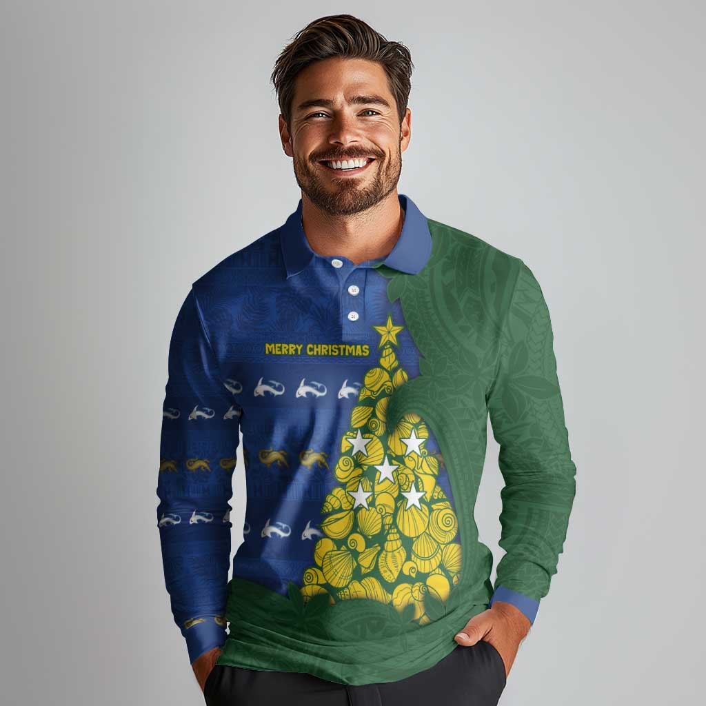 Solomon Islands Christmas Long Sleeve Polo Shirt Seashell Xmas Tree Tribal Waves - Polynesian Pride