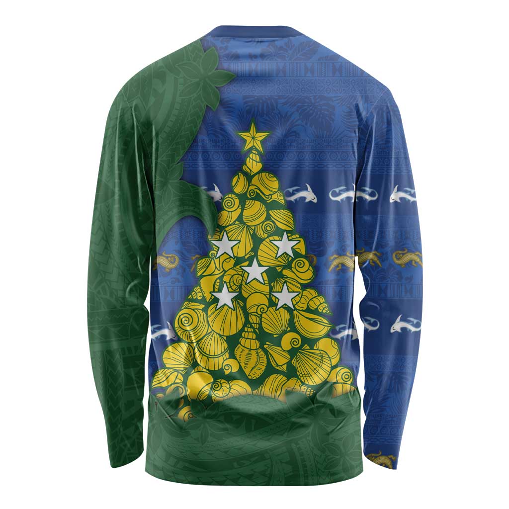 Solomon Islands Christmas Long Sleeve Shirt Seashell Xmas Tree Tribal Waves - Polynesian Pride