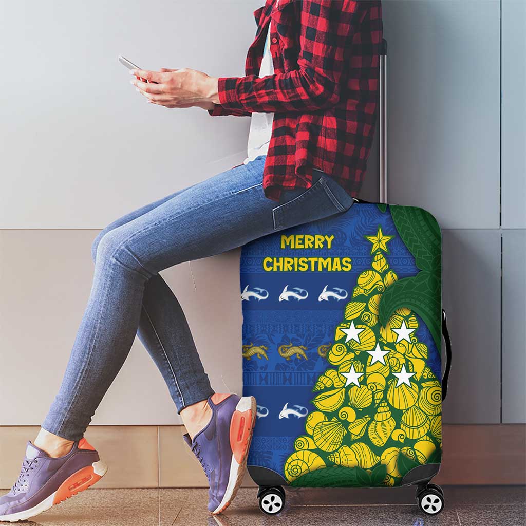Solomon Islands Christmas Luggage Cover Seashell Xmas Tree Tribal Waves - Polynesian Pride