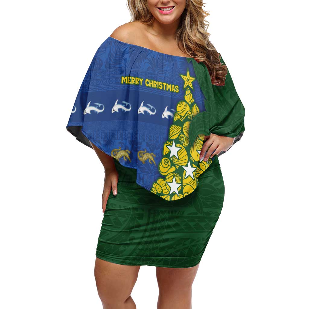 Solomon Islands Christmas Off Shoulder Short Dress Seashell Xmas Tree Tribal Waves - Polynesian Pride