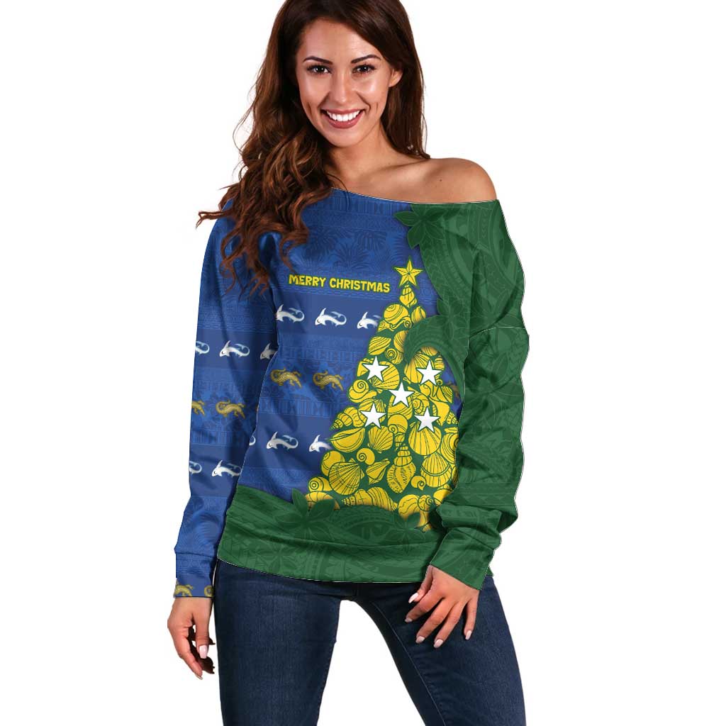 Solomon Islands Christmas Off Shoulder Sweater Seashell Xmas Tree Tribal Waves - Polynesian Pride