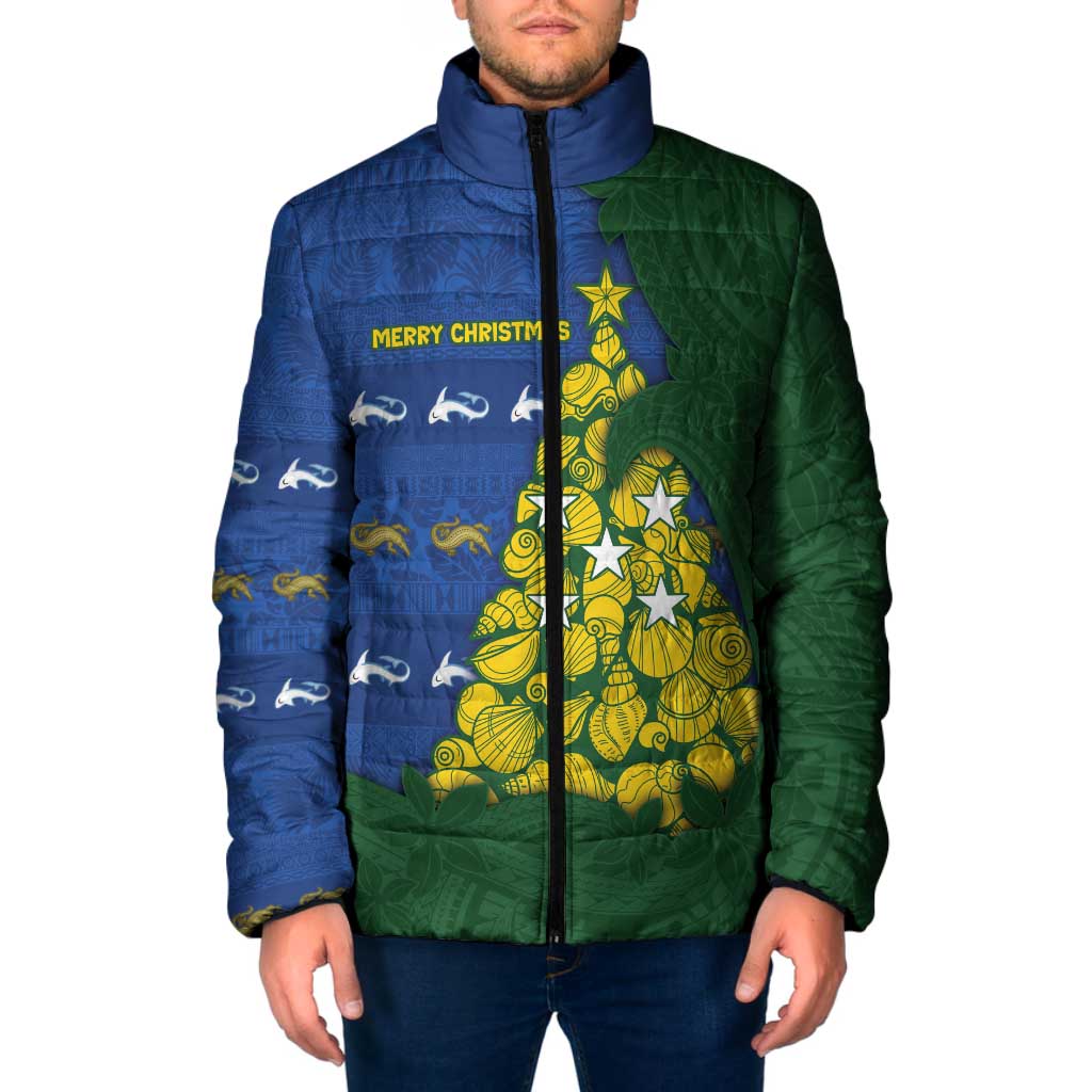 Solomon Islands Christmas Padded Jacket Seashell Xmas Tree Tribal Waves - Polynesian Pride