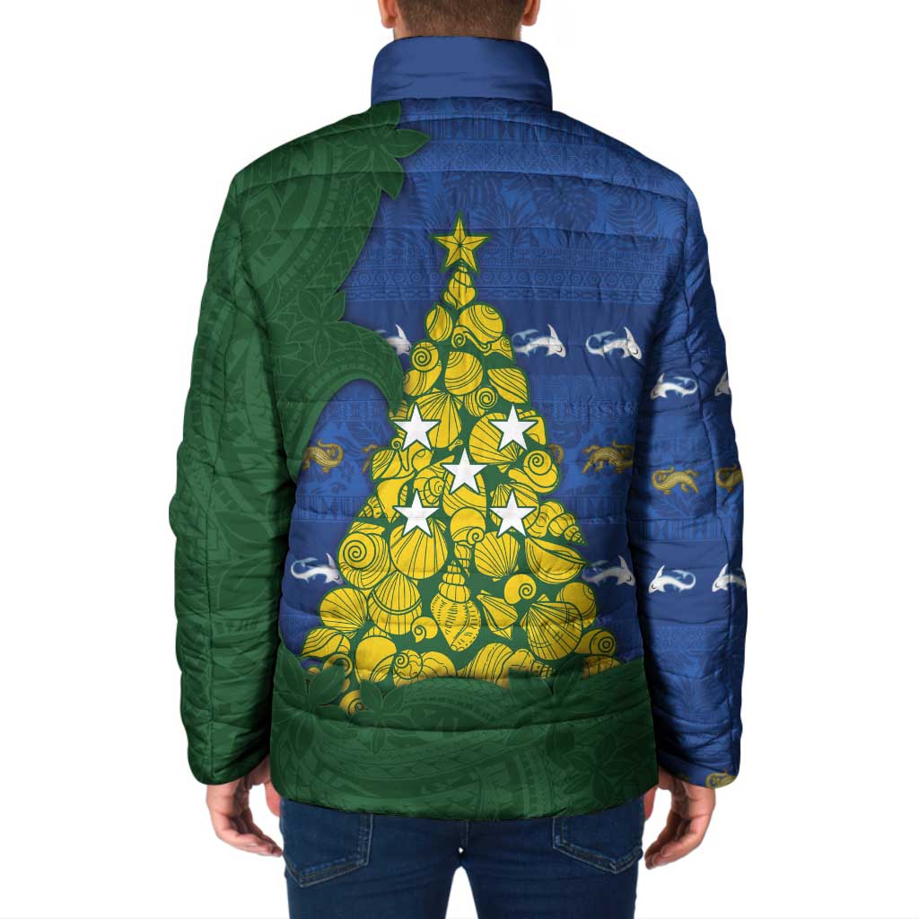 Solomon Islands Christmas Padded Jacket Seashell Xmas Tree Tribal Waves - Polynesian Pride