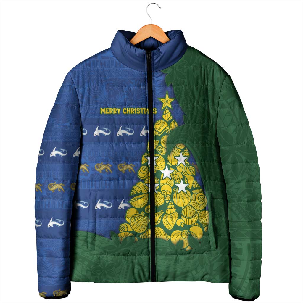 Solomon Islands Christmas Padded Jacket Seashell Xmas Tree Tribal Waves - Polynesian Pride