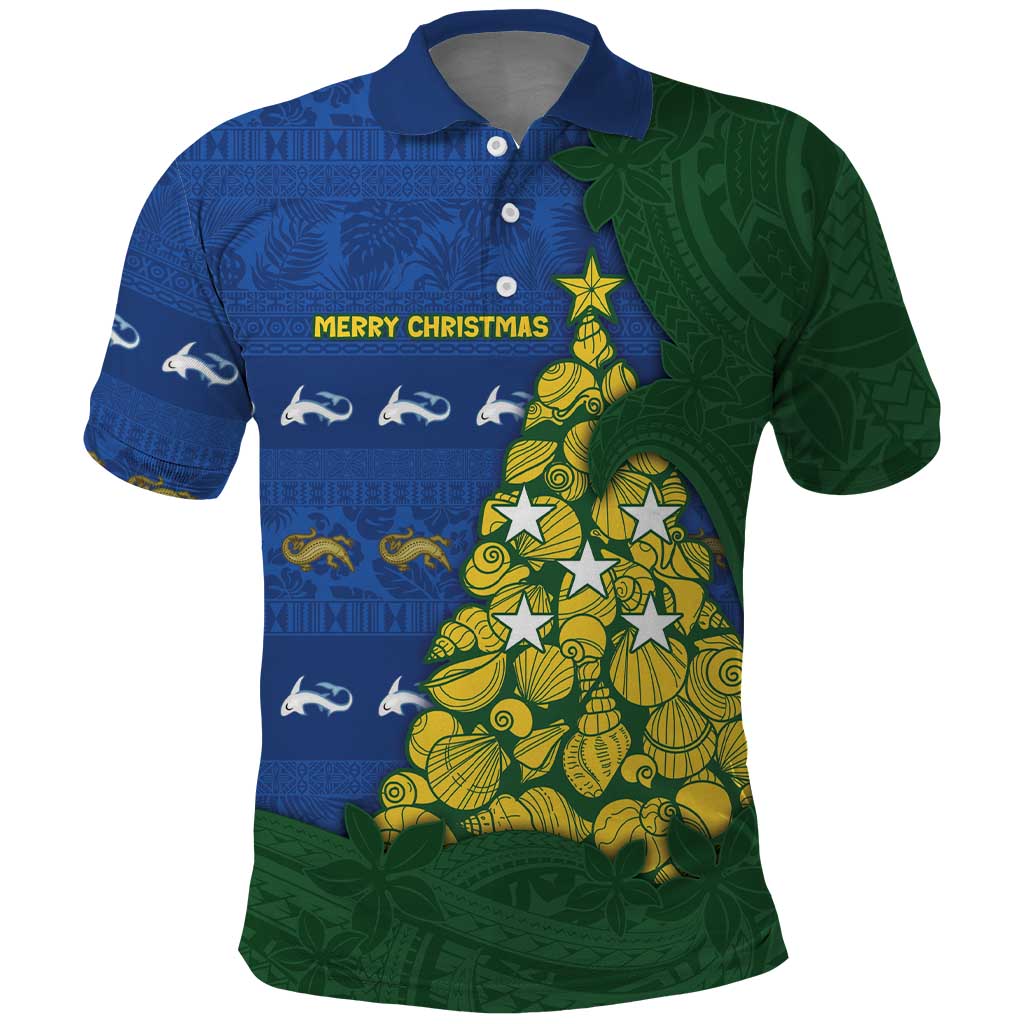 Solomon Islands Christmas Polo Shirt Seashell Xmas Tree Tribal Waves - Polynesian Pride