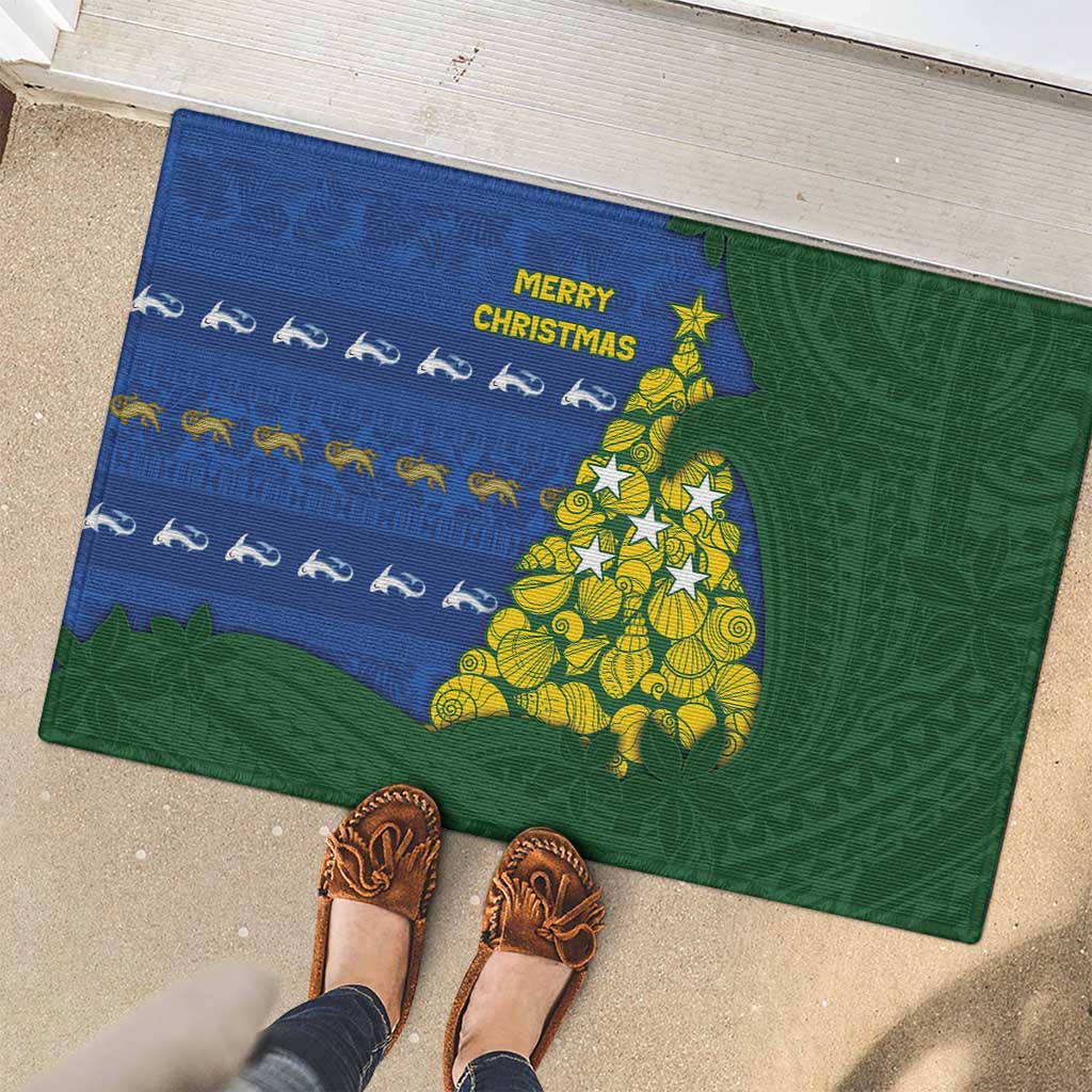 Solomon Islands Christmas Rubber Doormat Seashell Xmas Tree Tribal Waves - Polynesian Pride