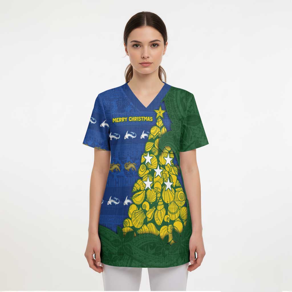 Solomon Islands Christmas Scrub Top Seashell Xmas Tree Tribal Waves - Polynesian Pride