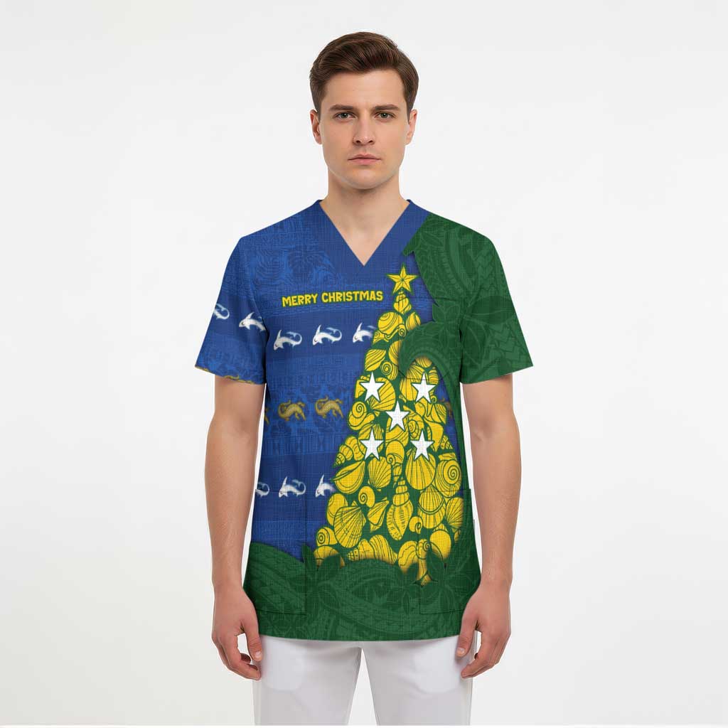Solomon Islands Christmas Scrub Top Seashell Xmas Tree Tribal Waves - Polynesian Pride