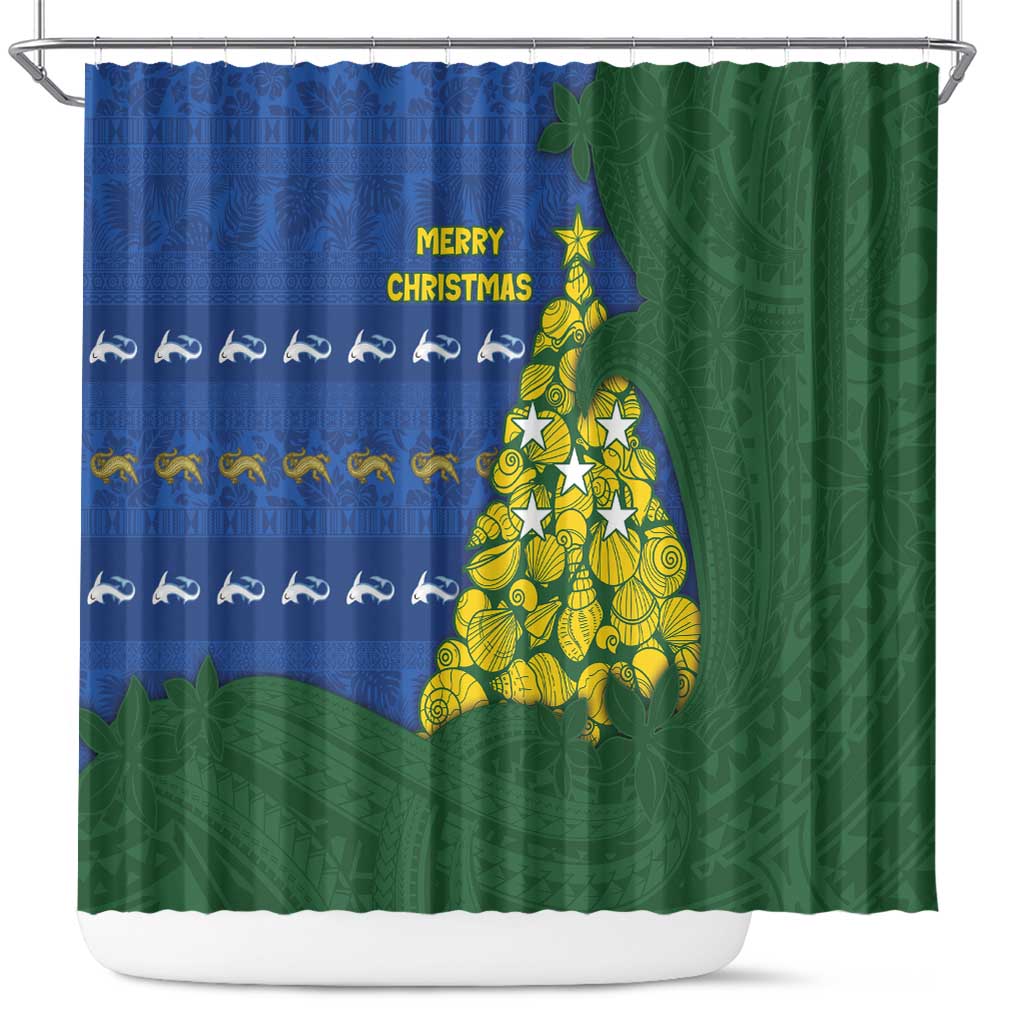 Solomon Islands Christmas Shower Curtain Seashell Xmas Tree Tribal Waves - Polynesian Pride