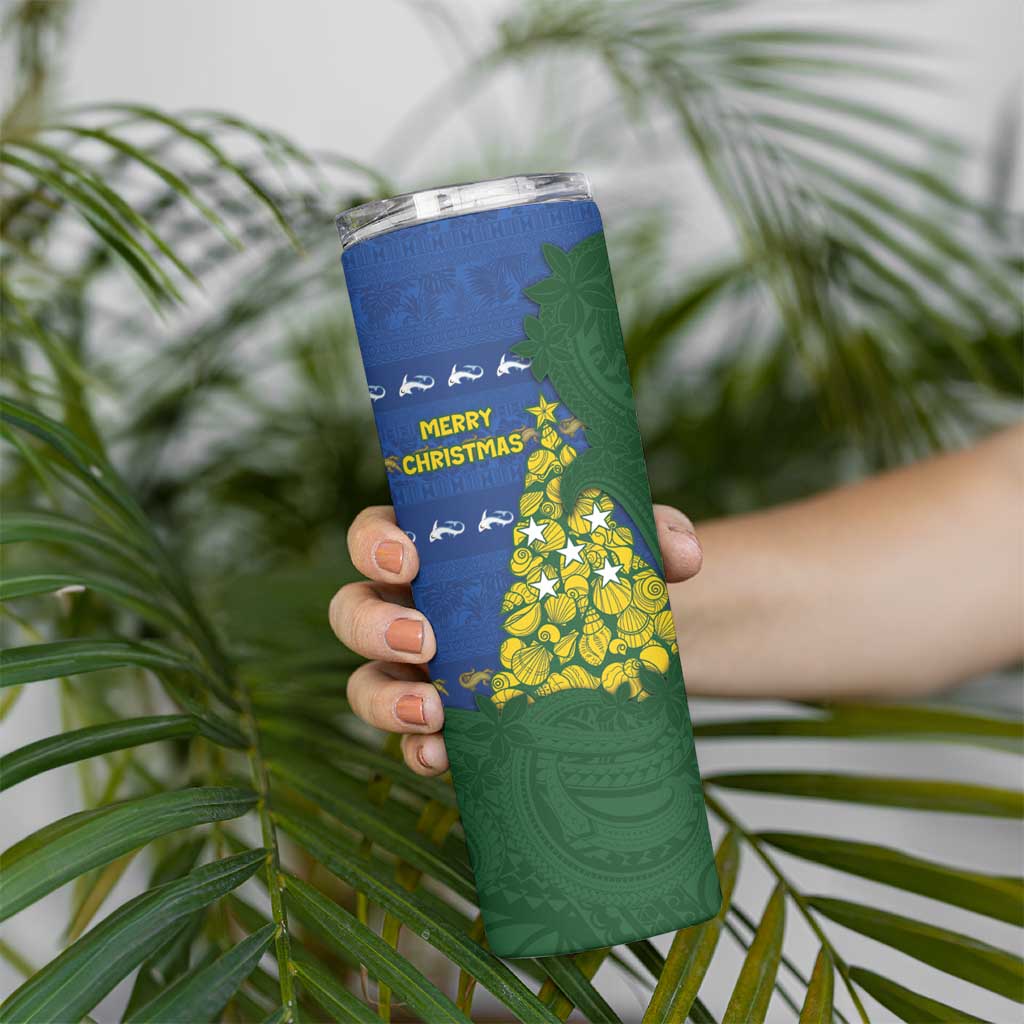 Solomon Islands Christmas Skinny Tumbler Seashell Xmas Tree Tribal Waves - Polynesian Pride