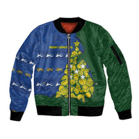 Solomon Islands Christmas Sleeve Zip Bomber Jacket Seashell Xmas Tree Tribal Waves - Polynesian Pride