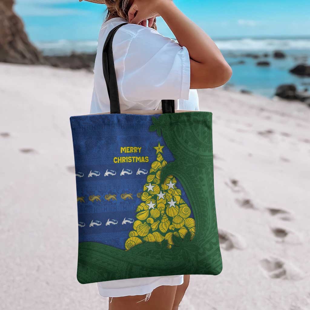 Solomon Islands Christmas Tote Bag Seashell Xmas Tree Tribal Waves - Polynesian Pride