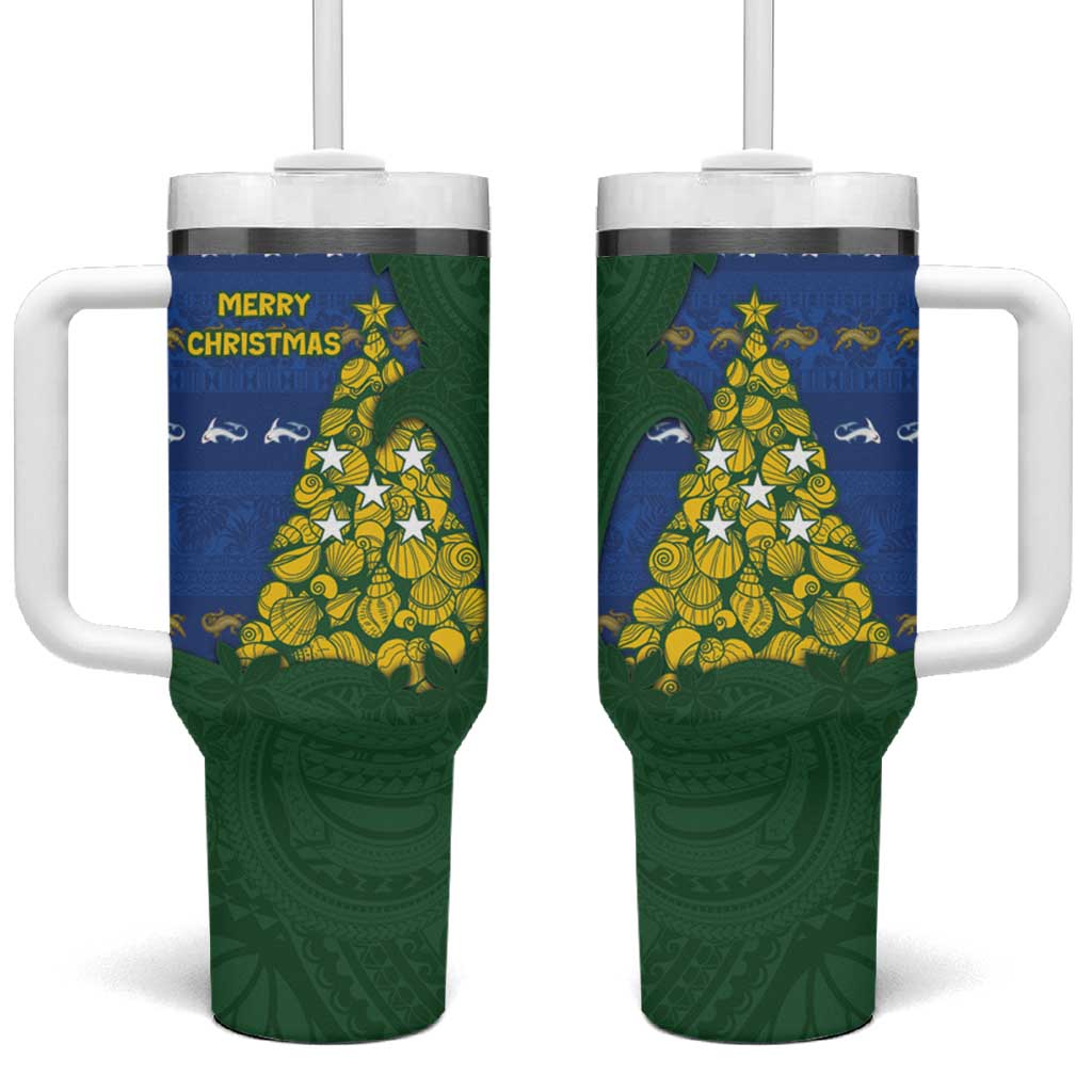 Solomon Islands Christmas Tumbler With Handle Seashell Xmas Tree Tribal Waves - Polynesian Pride