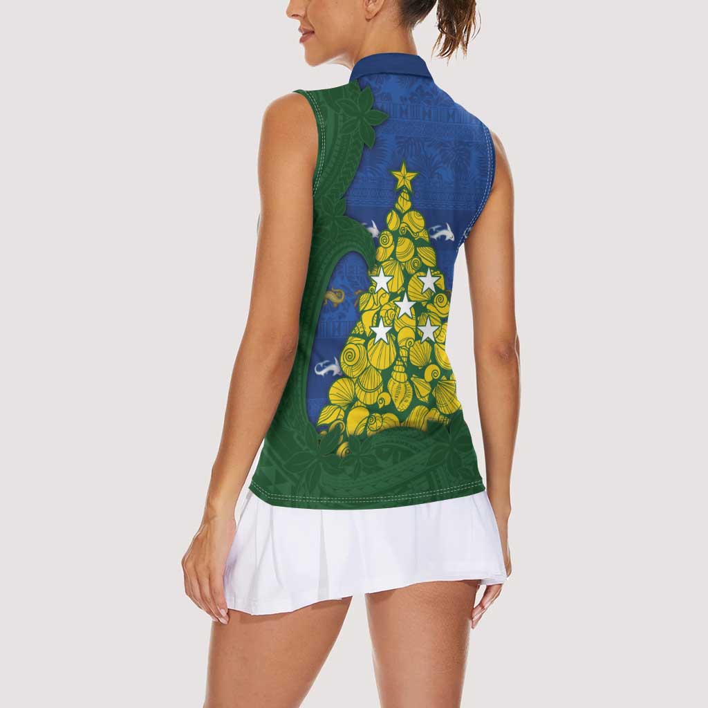 Solomon Islands Christmas Women Sleeveless Polo Shirt Seashell Xmas Tree Tribal Waves - Polynesian Pride