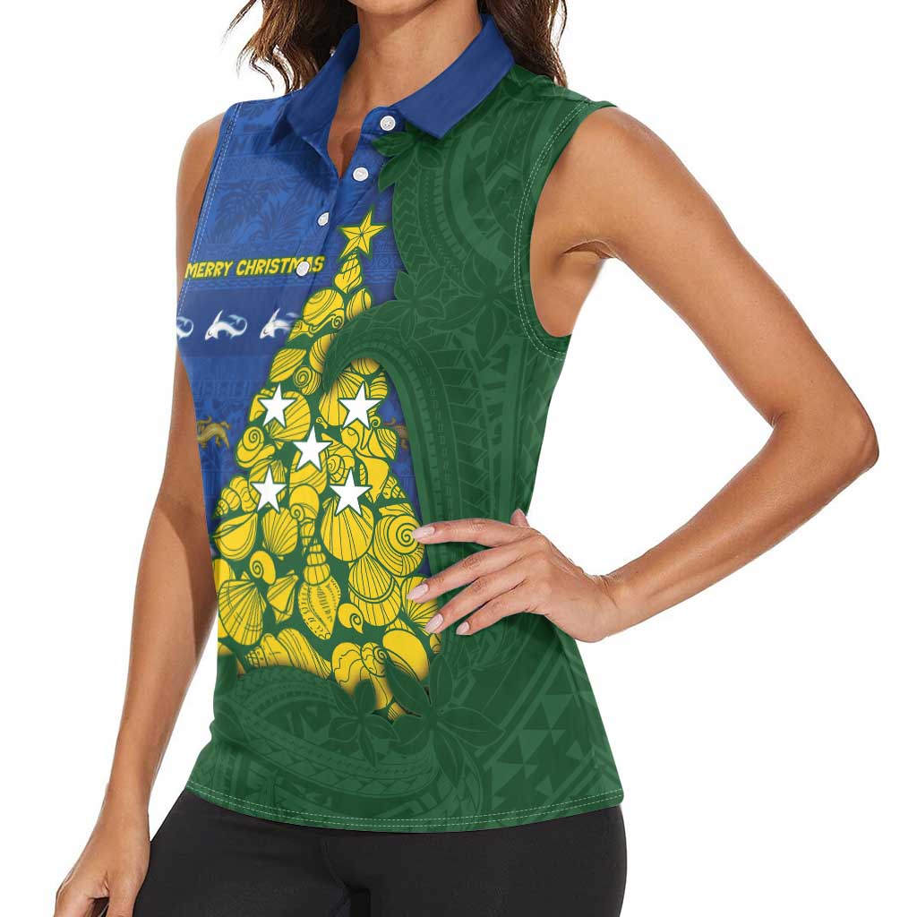 Solomon Islands Christmas Women Sleeveless Polo Shirt Seashell Xmas Tree Tribal Waves - Polynesian Pride