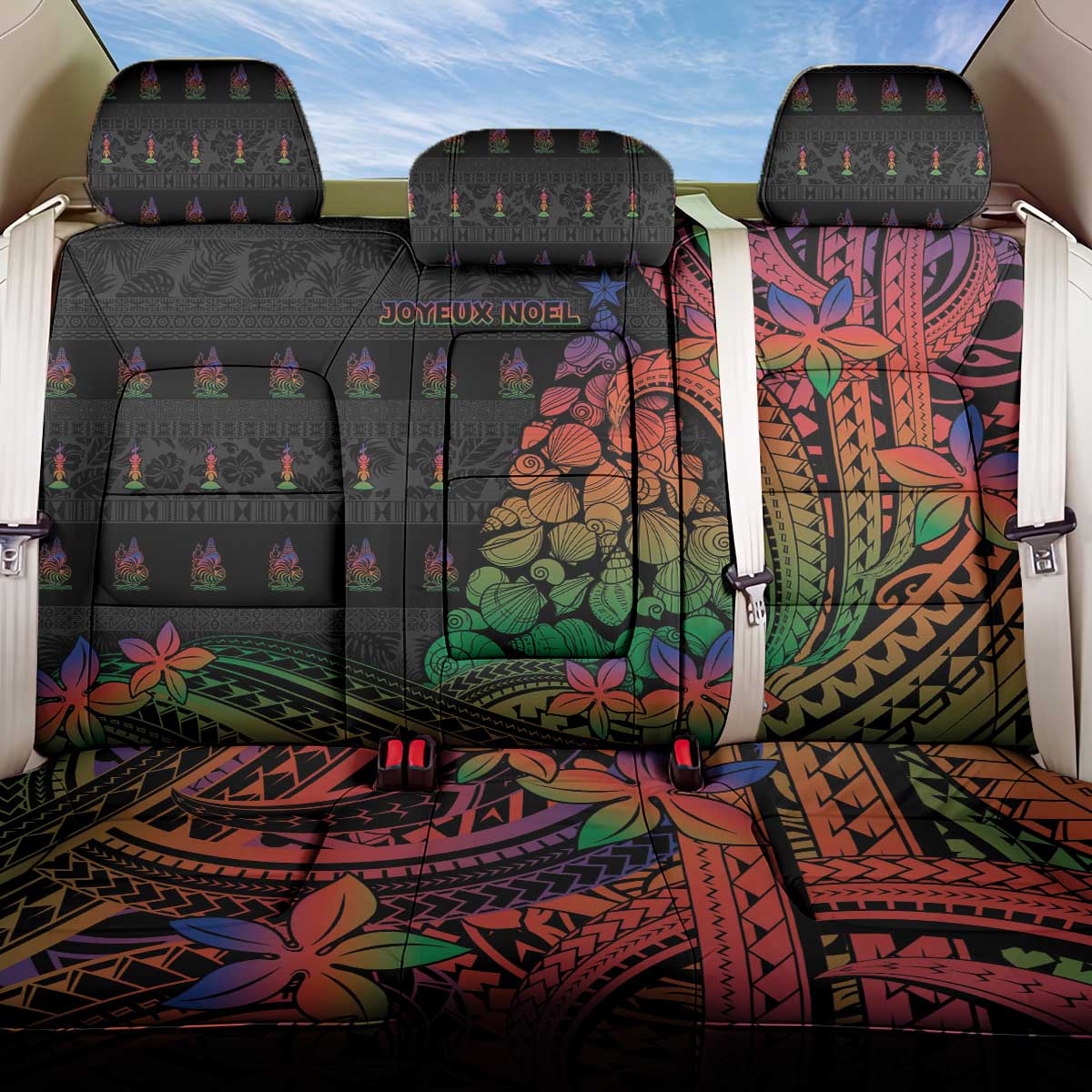 New Caledonia Christmas Back Car Seat Cover Seashell Xmas Tree Tribal Waves - Polynesian Pride