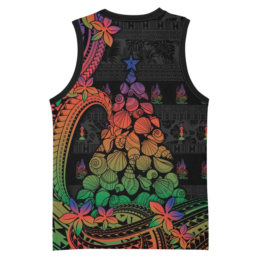New Caledonia Christmas Basketball Jersey Seashell Xmas Tree Tribal Waves - Polynesian Pride
