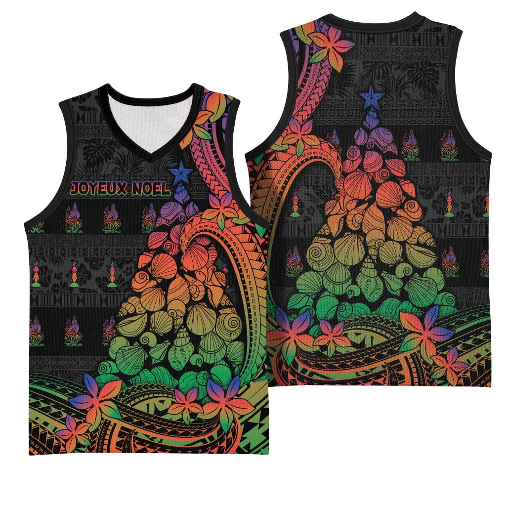 New Caledonia Christmas Basketball Jersey Seashell Xmas Tree Tribal Waves - Polynesian Pride