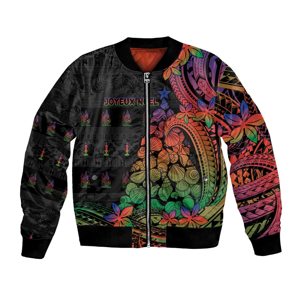 New Caledonia Christmas Bomber Jacket Seashell Xmas Tree Tribal Waves - Polynesian Pride