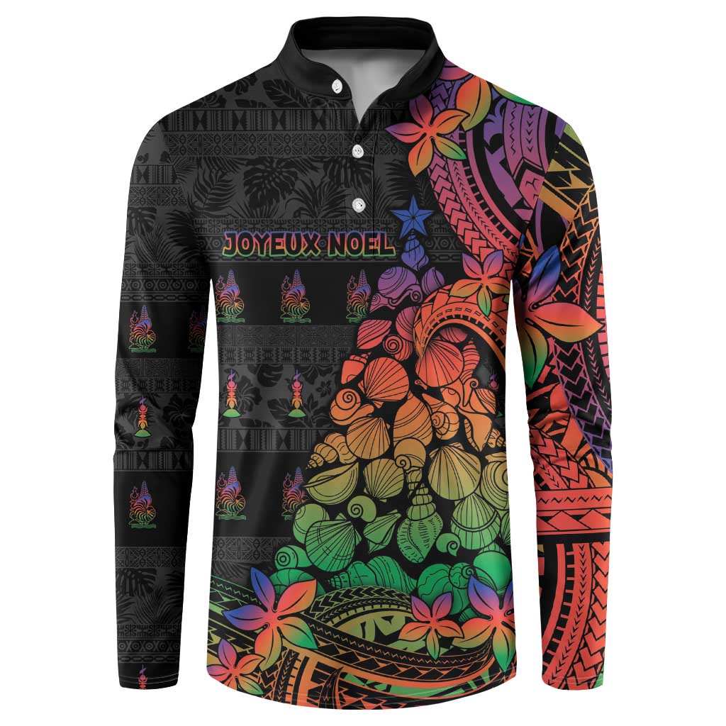 New Caledonia Christmas Button Sweatshirt Seashell Xmas Tree Tribal Waves - Polynesian Pride