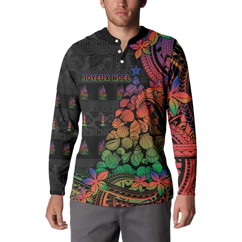 New Caledonia Christmas Button Sweatshirt Seashell Xmas Tree Tribal Waves - Polynesian Pride