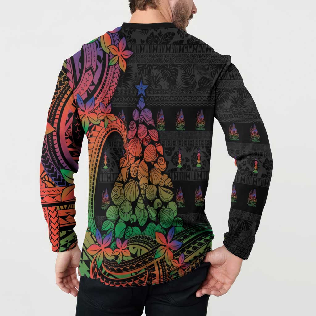 New Caledonia Christmas Button Sweatshirt Seashell Xmas Tree Tribal Waves - Polynesian Pride