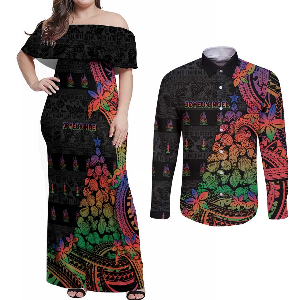 New Caledonia Christmas Couples Matching Off Shoulder Maxi Dress and Long Sleeve Button Shirt Seashell Xmas Tree Tribal Waves - Polynesian Pride